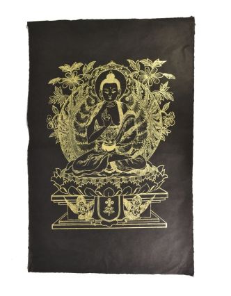 Budha Amoghasiddhi, zlatá tlač na čiernom papieri, 50x75cm