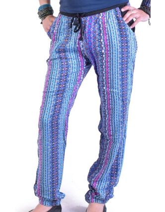 Pohodlné dlhé nohavice s potlačou "Lexy", modro-ružové, elast.pas, vrecká
