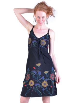 Čierne krátke šaty na ramienka, potlač kvetín a výšivka