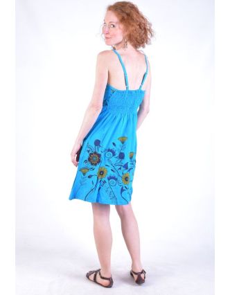 Tyrkysové krátke šaty na ramienka, potlač kvetín a výšivka