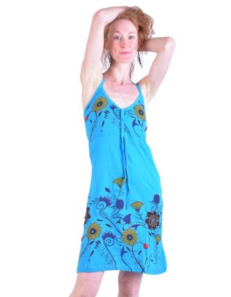Tyrkysové krátke šaty na ramienka, potlač kvetín a výšivka