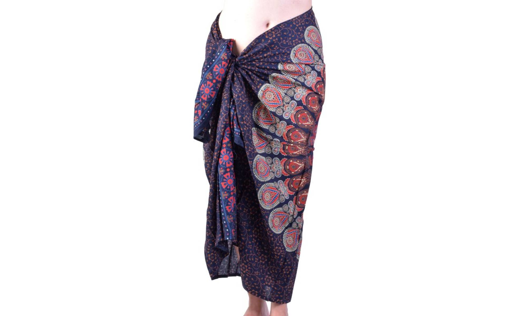 Sárong s ručnou tlačou, modrý s farebnou Mandalou, 110x170cm
