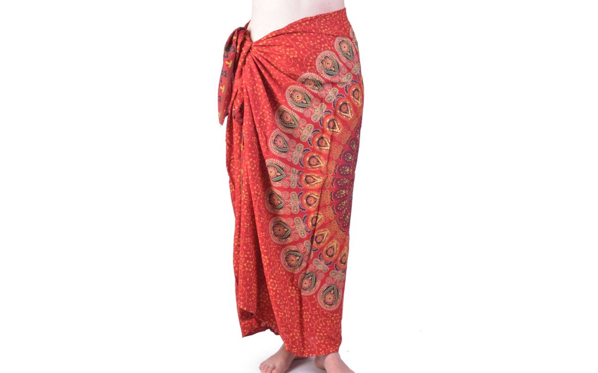 Červený bavlnený sárong s ručnou tlačou, "Naptal" design, 110x170cm