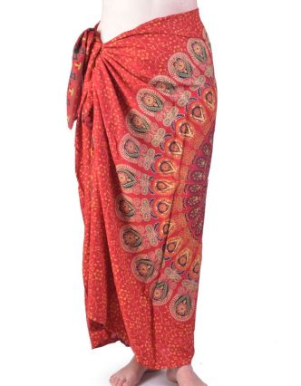 Červený bavlnený sárong s ručnou tlačou, "Naptal" design, 110x170cm