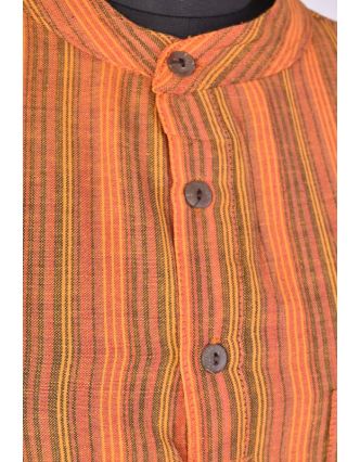 Pruhovaná pánska košeľa-kurta s dlhým rukávom a vreckom, oranžová