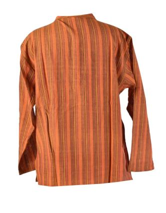 Pruhovaná pánska košeľa-kurta s dlhým rukávom a vreckom, oranžová