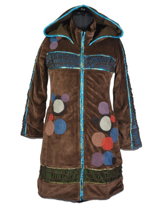 Zamatový kabátik s kapucňou, hnedý, pletené prestrihy, kruhové aplikácie a lemovaný