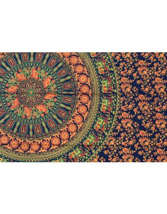 Prikrývka na posteľ, modro-oranžová, slony a kvety, 130x210cm