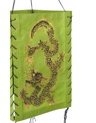 Štvorboký lampión - tienidlo so zlatou potlačou draka, zelená, 18x25cm