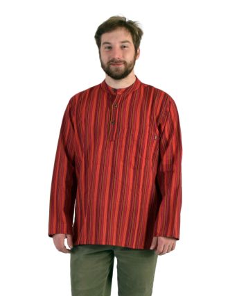 Pruhovaná pánska košeľa-kurta s dlhým rukávom a vreckom, červená