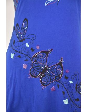 Balónové šaty s krátkym rukávom, modré, "Butterfly design", výšivka
