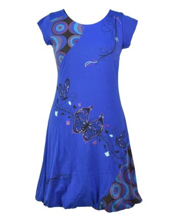 Balónové šaty s krátkym rukávom, modré, "Butterfly design", výšivka