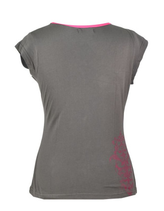 Šedo-ružové tričko s krátkym rukávom a ornamentálnym potlačou, V výstrih