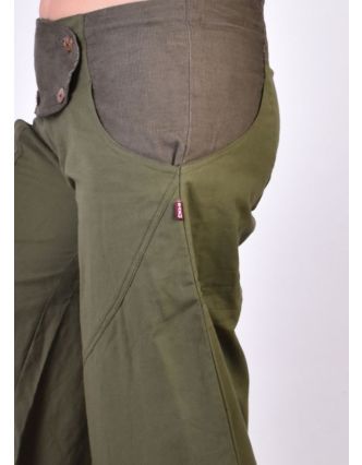 Dlhé khaki balónové nohavice s manžestrom, zips a gombíky, výšivka, vrecká