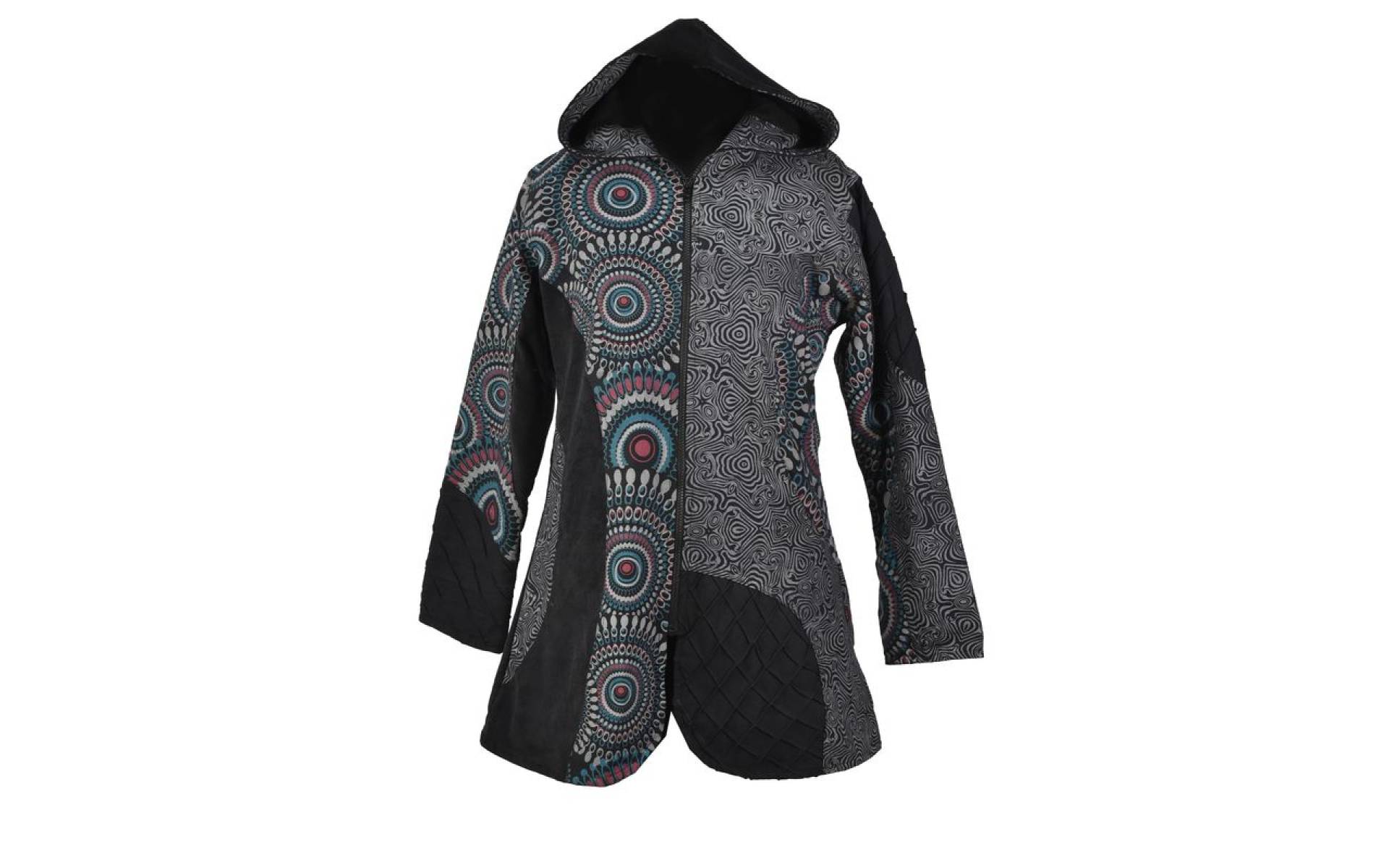 Čierno-sivý kabátik s kapucňou, mandala print, zapínanie na zips a vrecká