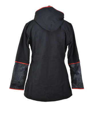 Čierno-červený kabát s kapucňou zapínaný na zips, farebný Mandala potlač, lemy