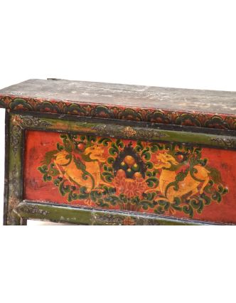 Ručne maľovaný antik rituálny stolík z centrálneho Tibetu, borovica, 88x36x44cm