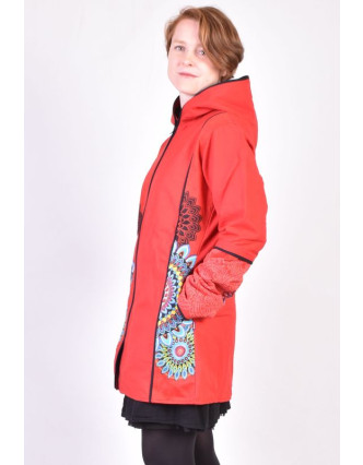 Červený kabát s kapucňou zapínaný na zips, farebná Mandala potlač, lemy