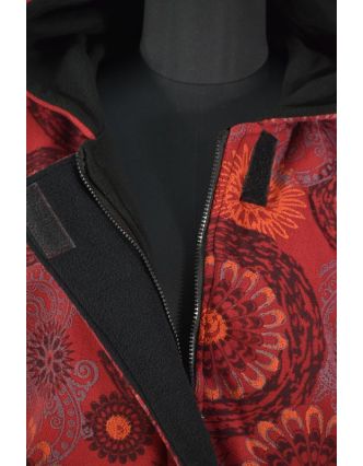 Vínový fleecový kabát s kapucňou zapínaný na zips, potlač mandal, vrecká