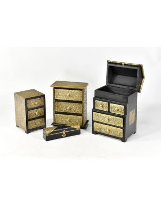 Drevená skrinka, mosadzné kovania, 4 šuplíčky + vrchné veko, 21x15x31cm