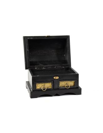 Drevená truhlička s mosadzným kovaním, 2 šuplíčky, 25x12,5x18cm