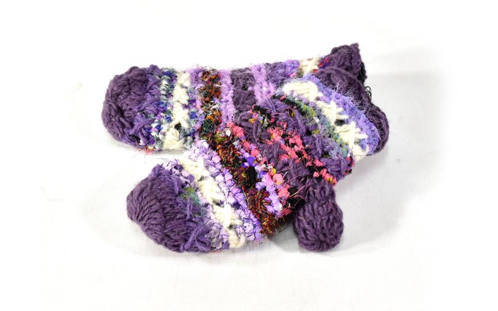 Fialové vlnené rukavice palčiaky, patchwork (vlna, bavlna, hodváb)