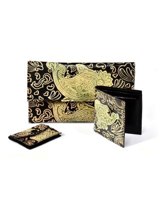 Ručne maľovaná kožená peňaženka, set 3 ks, Paisley, čierna, veľká 20x12cm