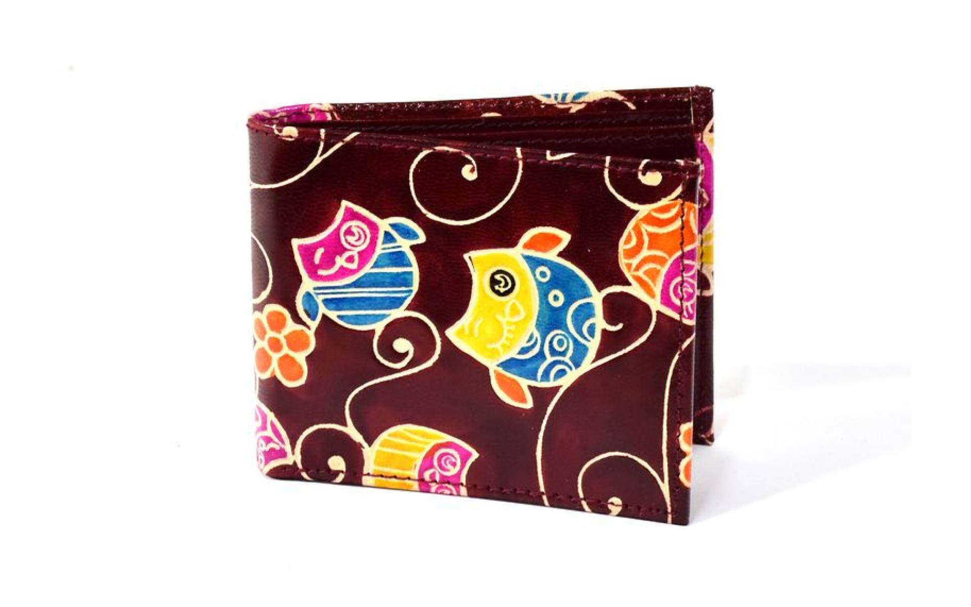 Ručne maľovaná kožená peňaženka, Happy owls, vínová, 12x9cm