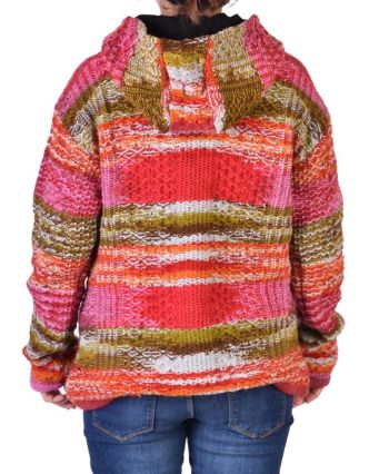 Vlnený sveter s kapucňou a vreckami, unisex, mulatifarebný