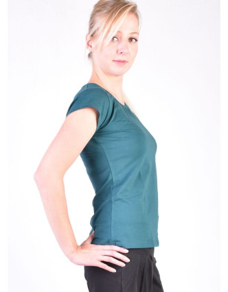 Smaragdovo zelené tričko na jogu z bio bavlny, výšivka Kitamari a potlač