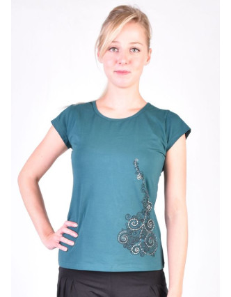 Smaragdovo zelené tričko na jogu z bio bavlny, výšivka Kitamari a potlač