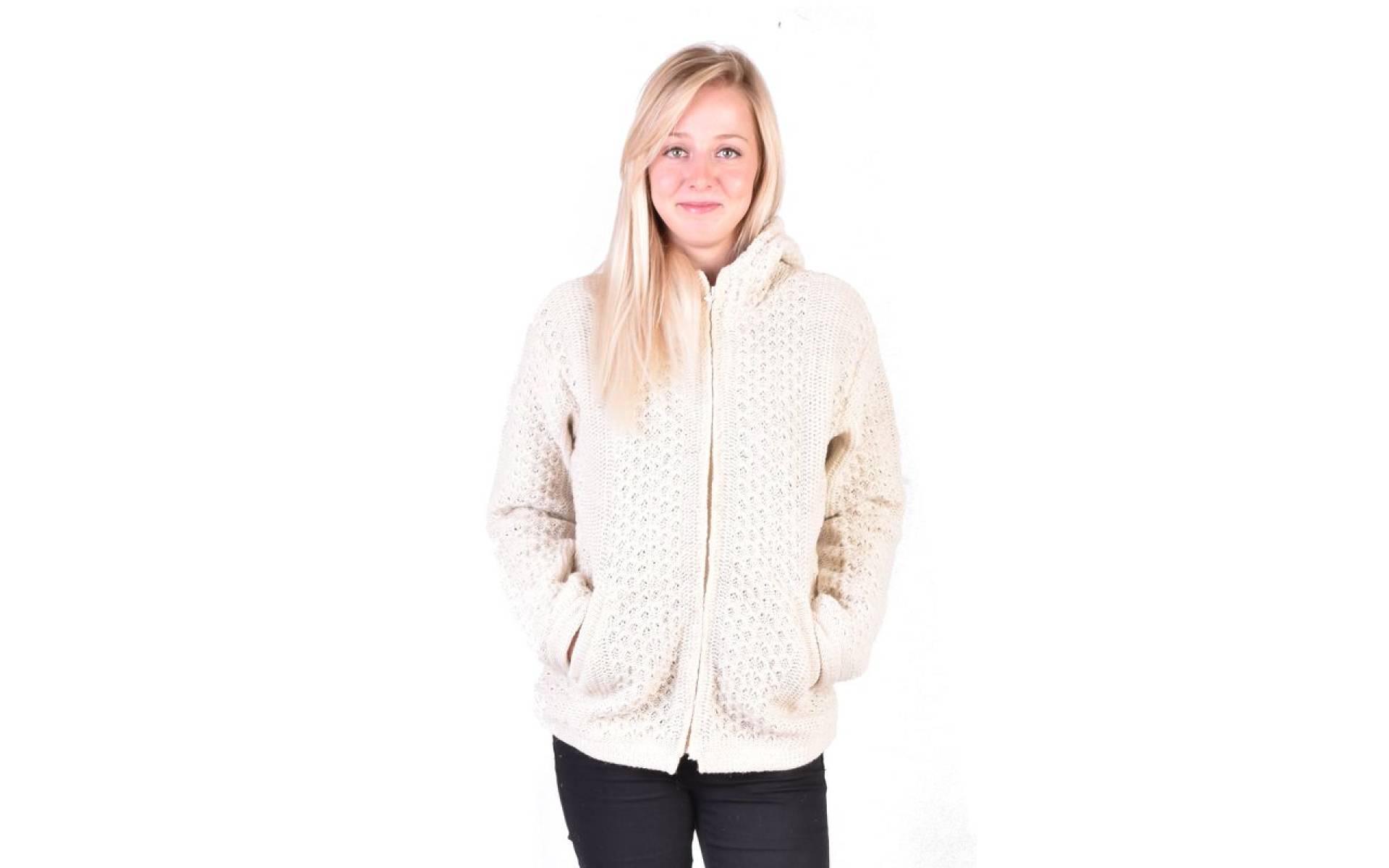 Biely vlnený sveter s kapucňou a vreckami, unisex