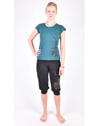 Čierne trojštvrťové balónové nohavice na jogu z bio bavlny, potlač Kitamari