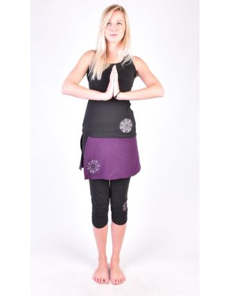 Čierne trojštvrťové nohavice so sukňou na jogu z bio bavlny, Chakra potlač a výšivky