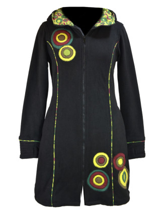 Fleecový kabátik s kapucňou, čierny, khaki kruhové aplikácie, Bubbles tlač, zapínanie