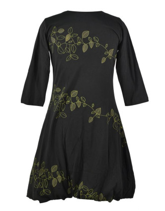 Krátke čierne šaty s potlačou leaves, trojštvrťové rukáv, V výstrih