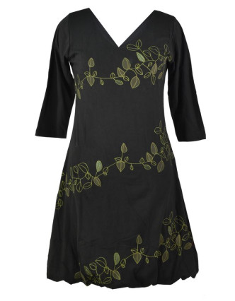 Krátke čierne šaty s potlačou leaves, trojštvrťové rukáv, V výstrih