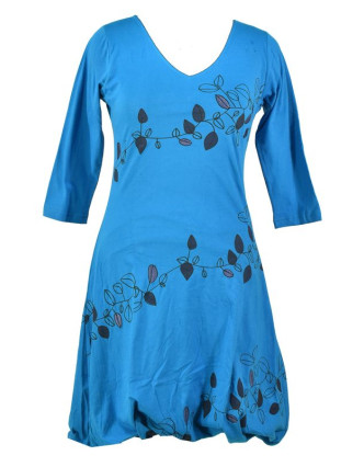 Krátke tyrkysové šaty s potlačou leaves, trojštvrťové rukáv, V výstrih