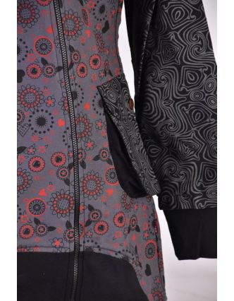 Šedý kabátik s kapucňou a asymetrickými zipsami, Mix tlač, vrecká