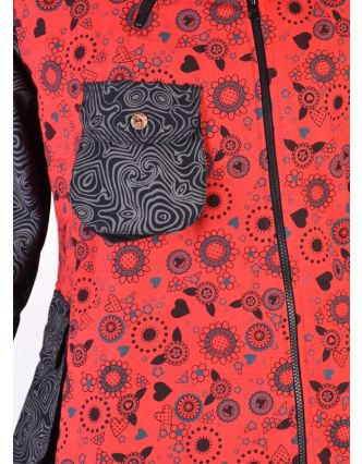 Červeno šedý kabátik s kapucňou a asymetrickými zipsy, Mix tlač, vrecká