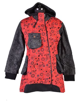 Červeno šedý kabátik s kapucňou a asymetrickými zipsy, Mix tlač, vrecká