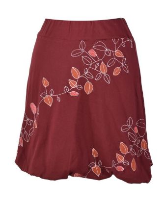 Krátka vínová balónová sukňa, &quot;Leaves&quot; dizajn, tehlový potlač a výšivka