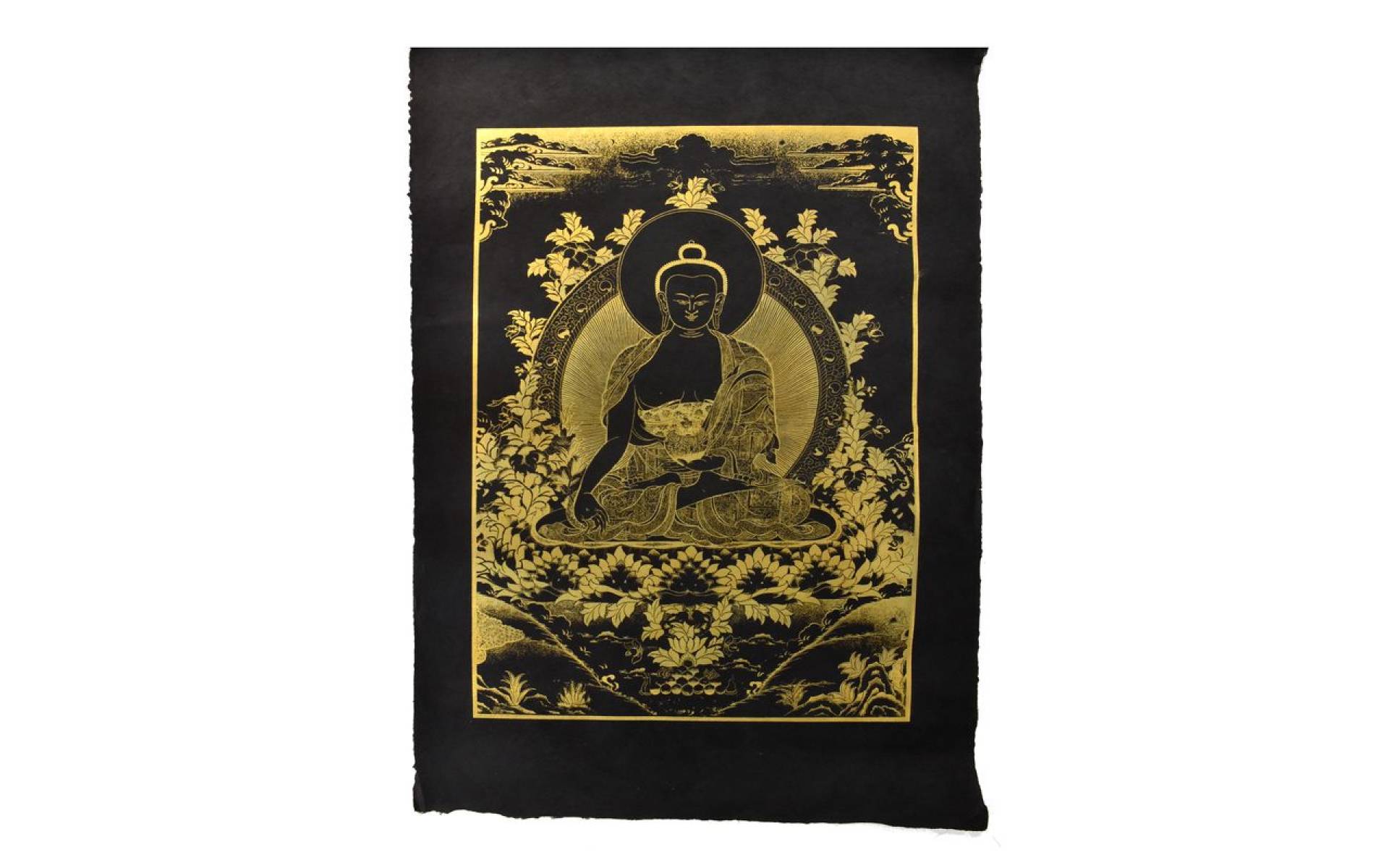 Budha Šákjamúni, zlatá tlač na čiernom papieri, 50x75cm