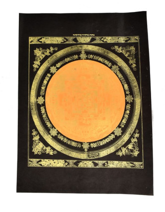 Kalačakra mandala, zlatá tlač na čiernom papieri, oranžová, 47x36cm