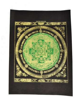 Kalačakra mandala, zlatá tlač na čiernom papieri, zelená, 47x36cm