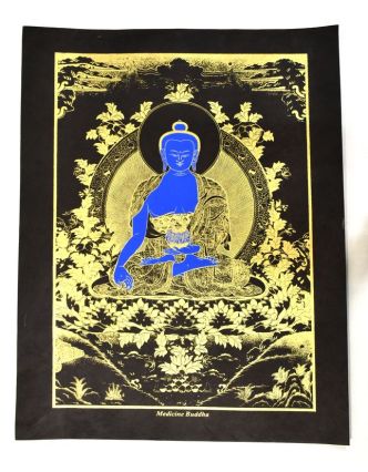 Budha liečiteľ, "Medicine Budha", zlatá tlač na ručnom čiernom papieri, 47x36cm