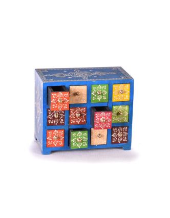 Drevená skrinka s 12 zásuvkami, ručne maľovaná, modrá, 25x14x21cm