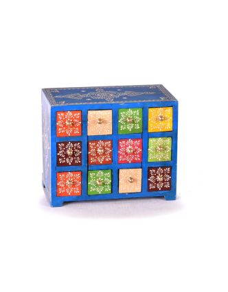Drevená skrinka s 12 zásuvkami, ručne maľovaná, modrá, 25x14x21cm