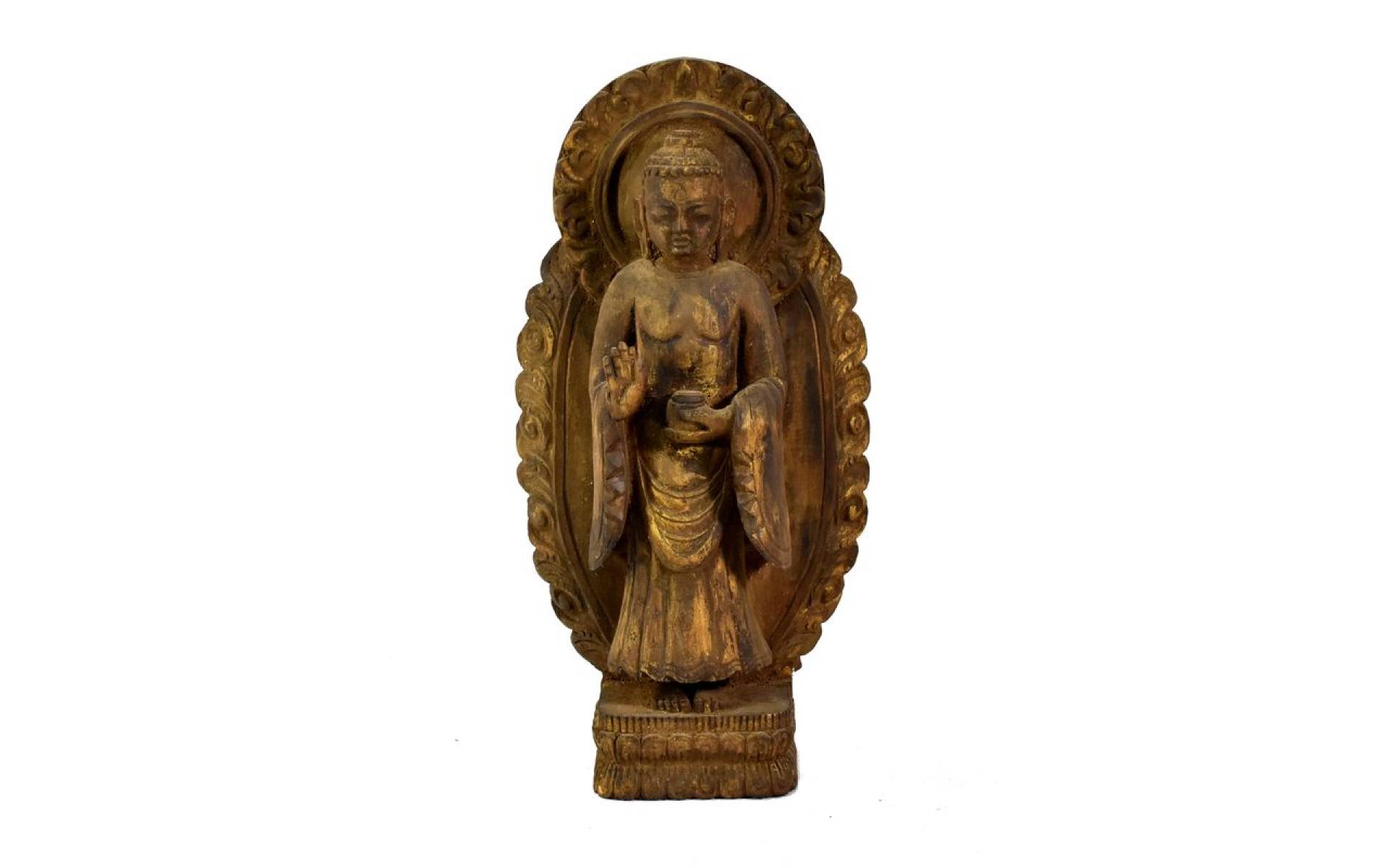 Budha Maitreya, drevená socha, ručné práce, antik úprava, 34cm