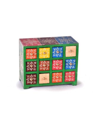 Drevená skrinka s 12 zásuvkami, ručne maľovaná, zelená, 25x14x21cm